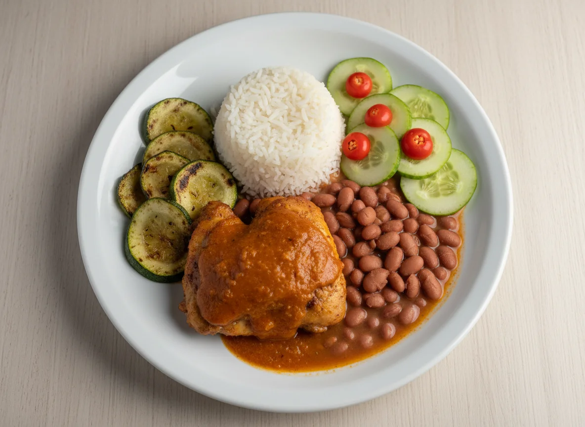 Prato misto com frango, arroz, feijão e vegetais photo