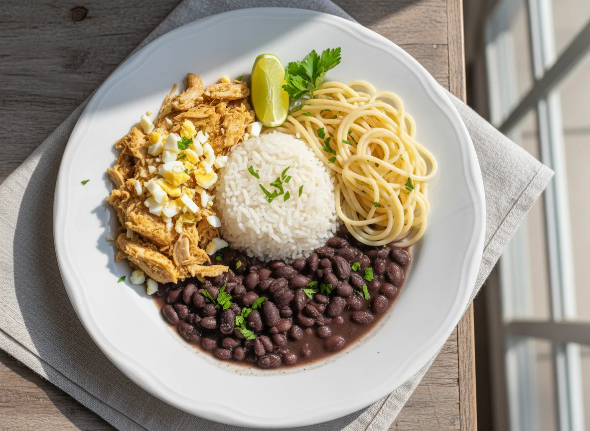 Prato misto com frango, arroz, feijão, macarrão e ovo photo