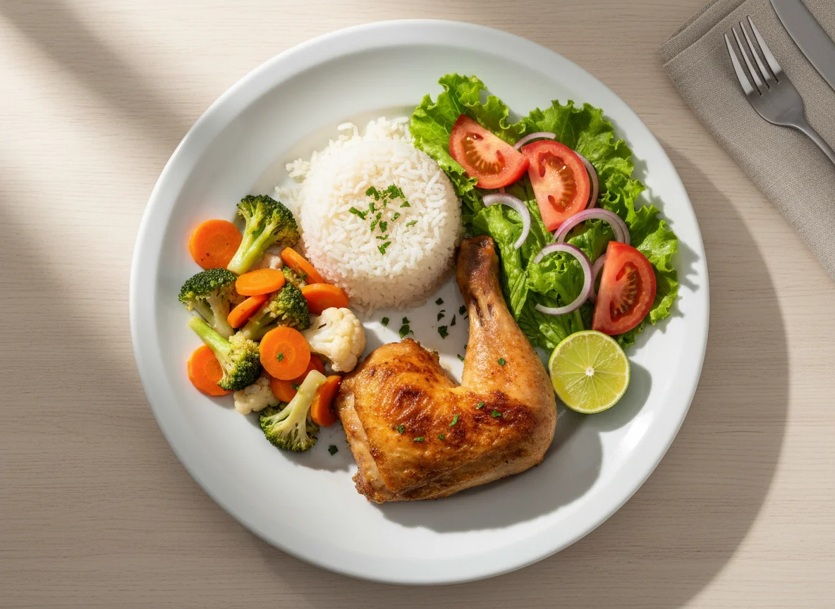 Prato misto com frango, arroz, legumes e salada photo