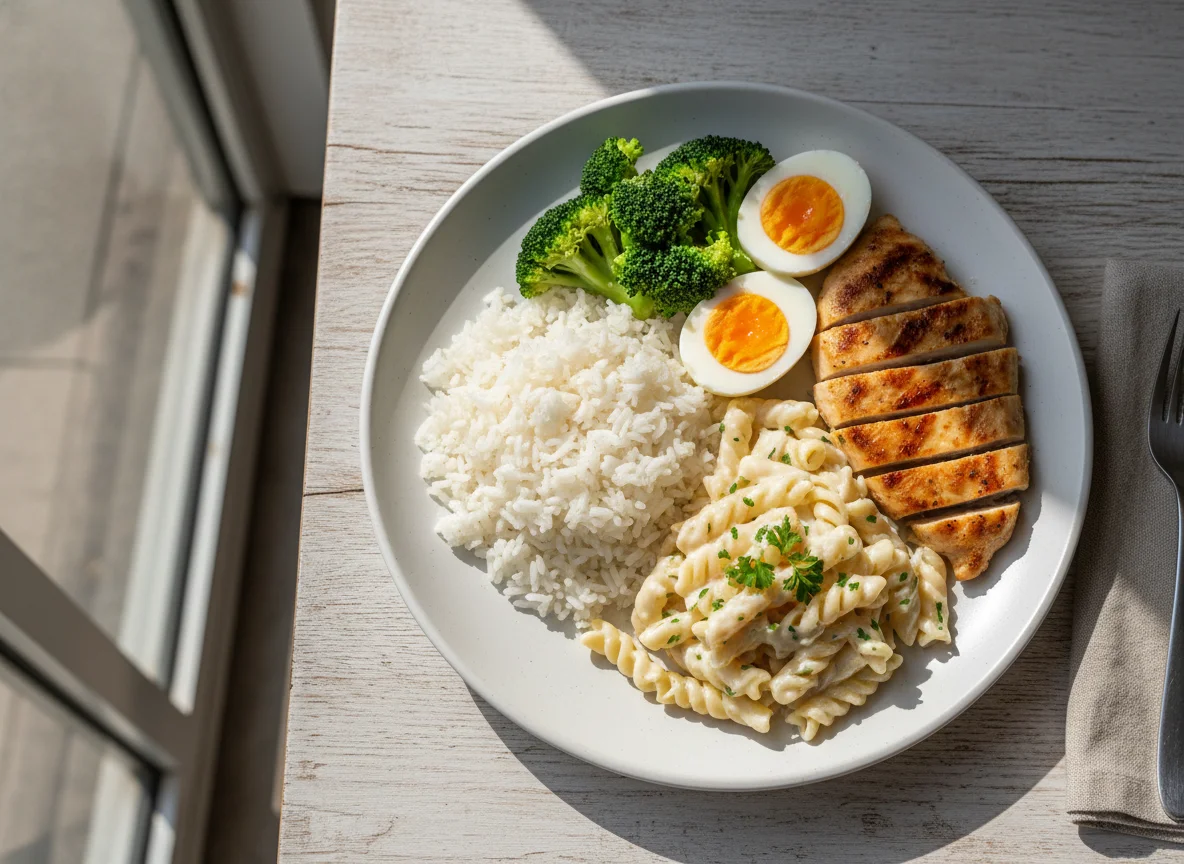 Prato misto com frango, arroz, macarrão, brócolis e ovo photo