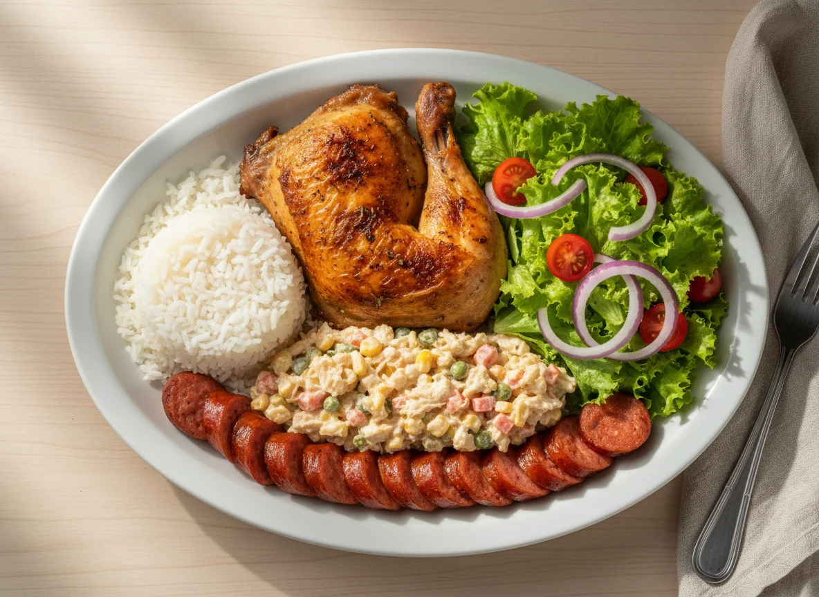 Prato misto com frango, arroz, salada e salpicão photo