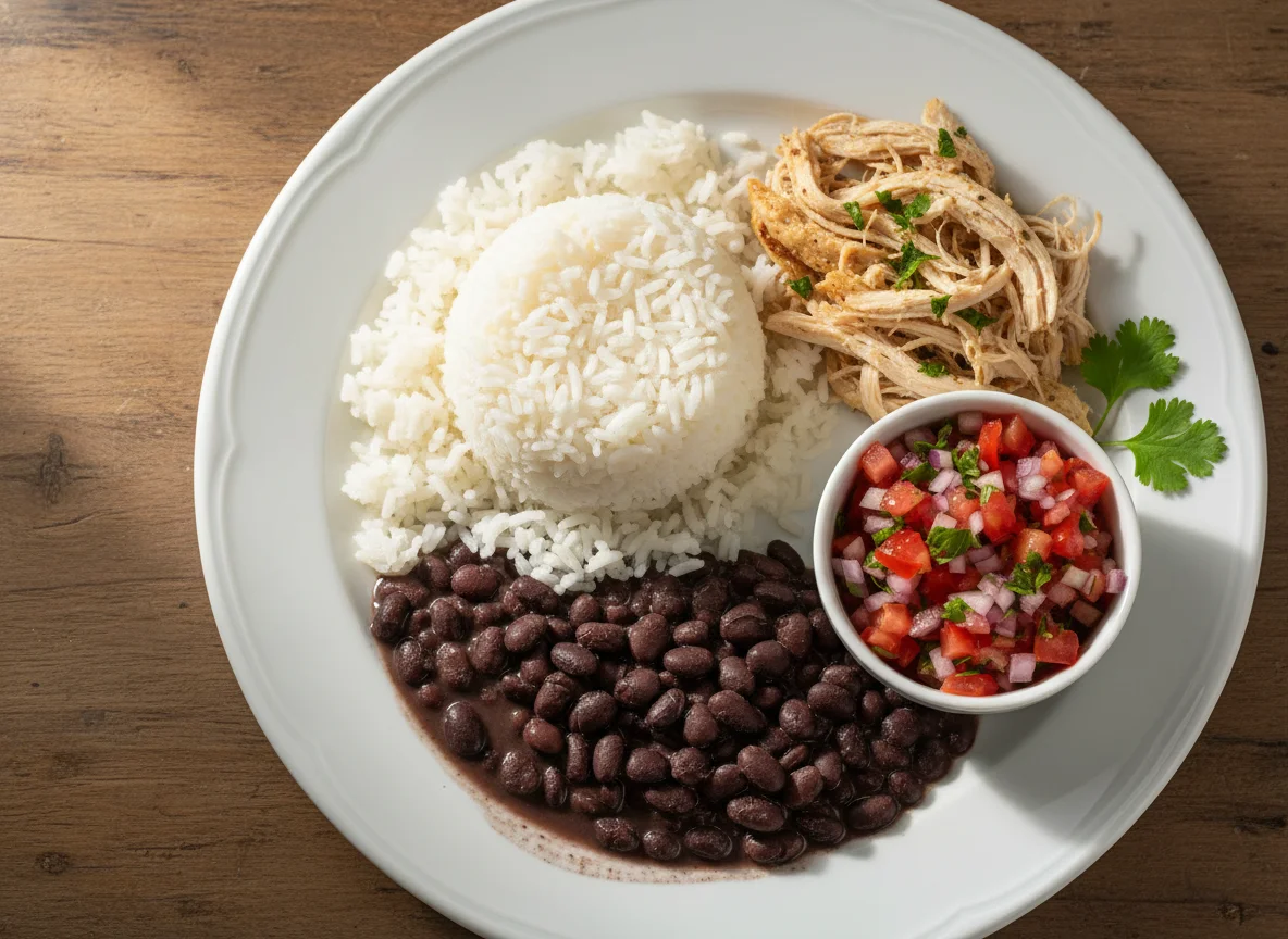 Prato misto com frango, arroz, vinagrete e feijão photo