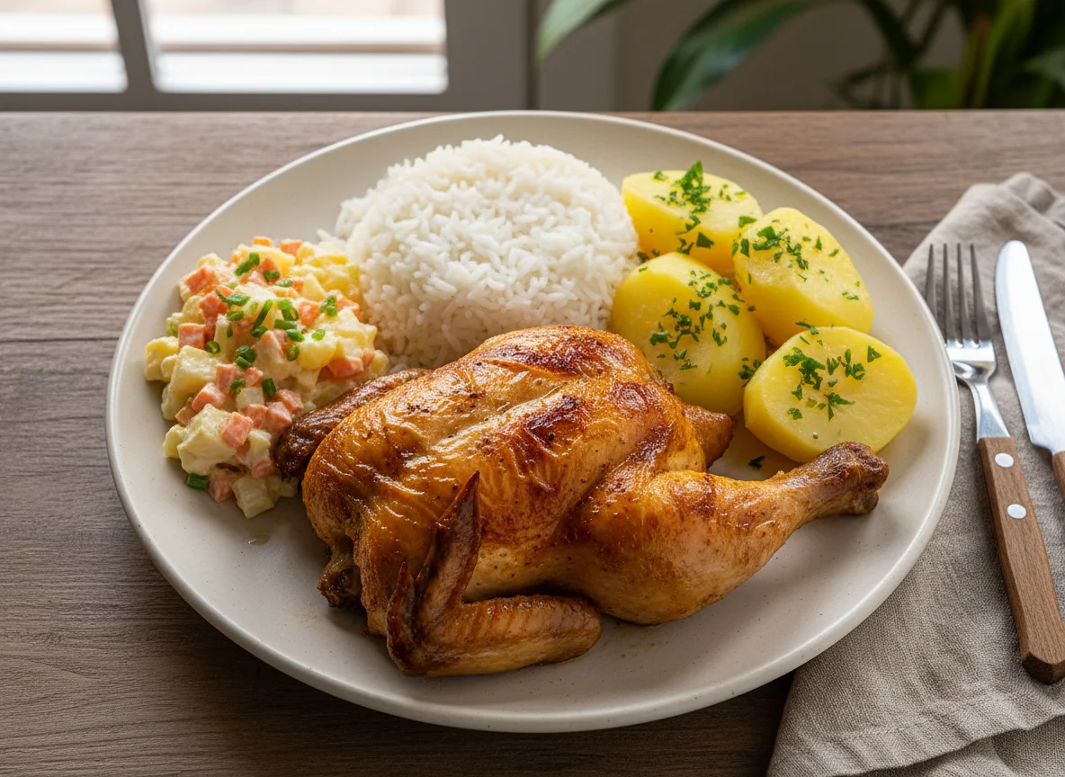 Prato misto com frango assado, arroz, batatas e salada de maionese photo