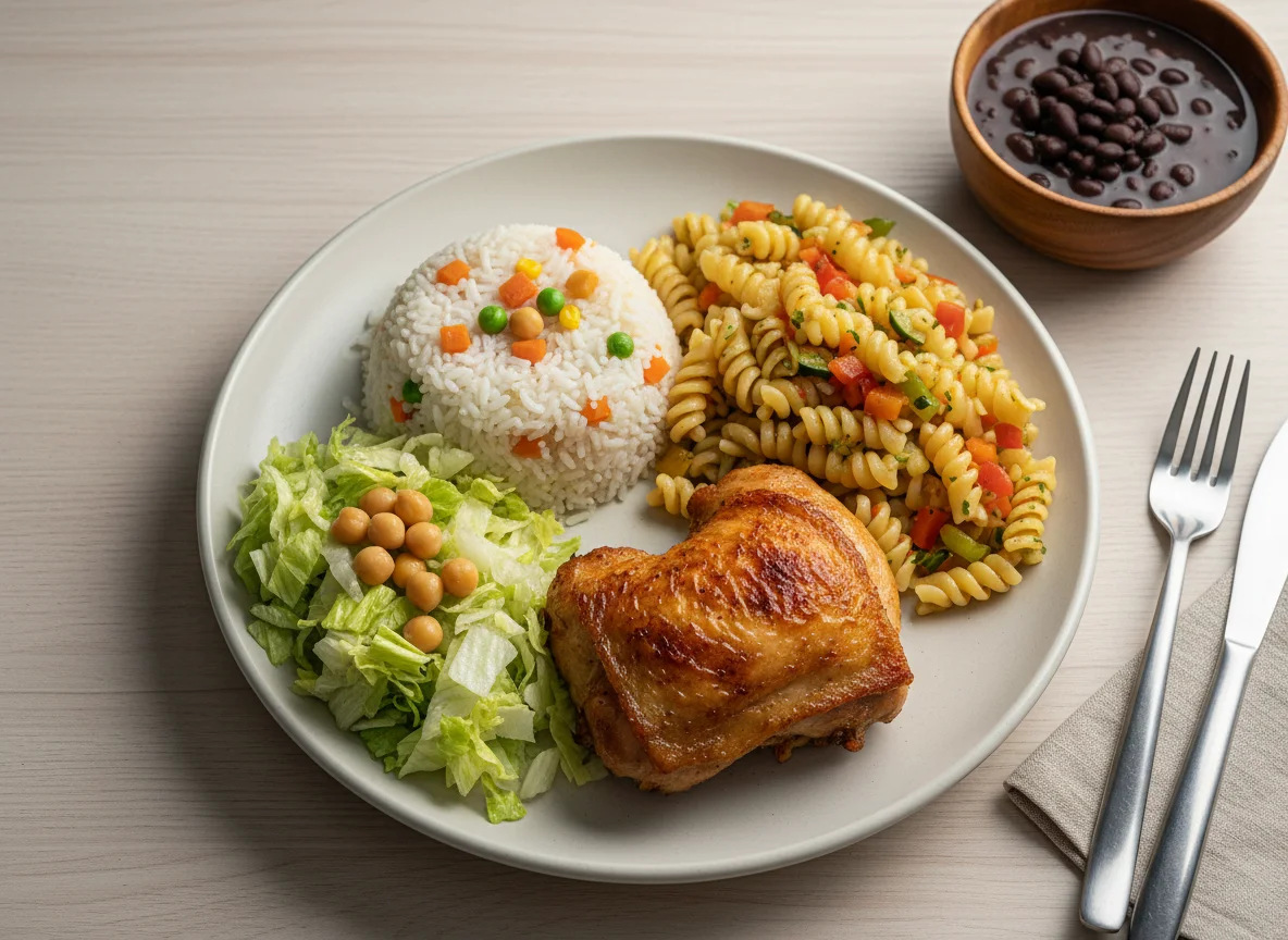 Prato misto com frango assado, arroz, macarrão e salada photo