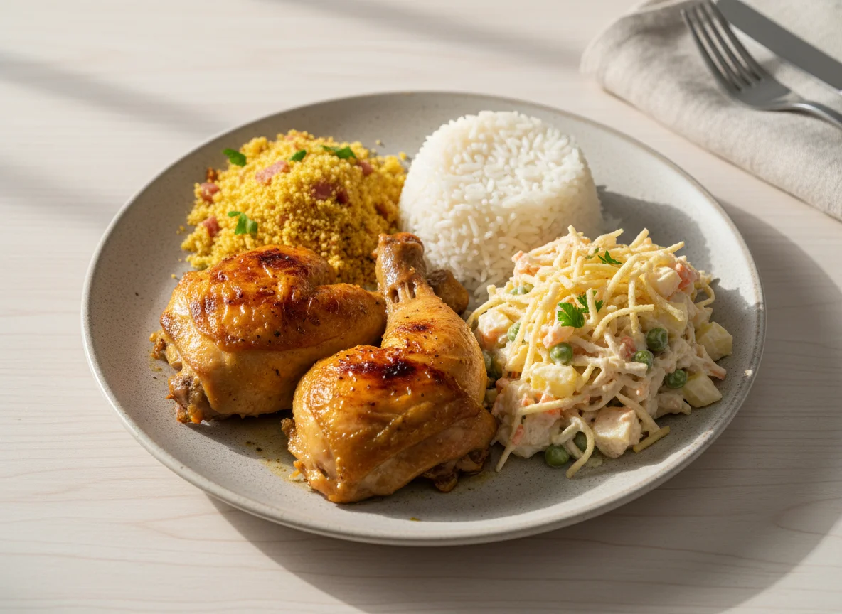 Prato misto com frango assado, arroz, salpicão e farofa photo