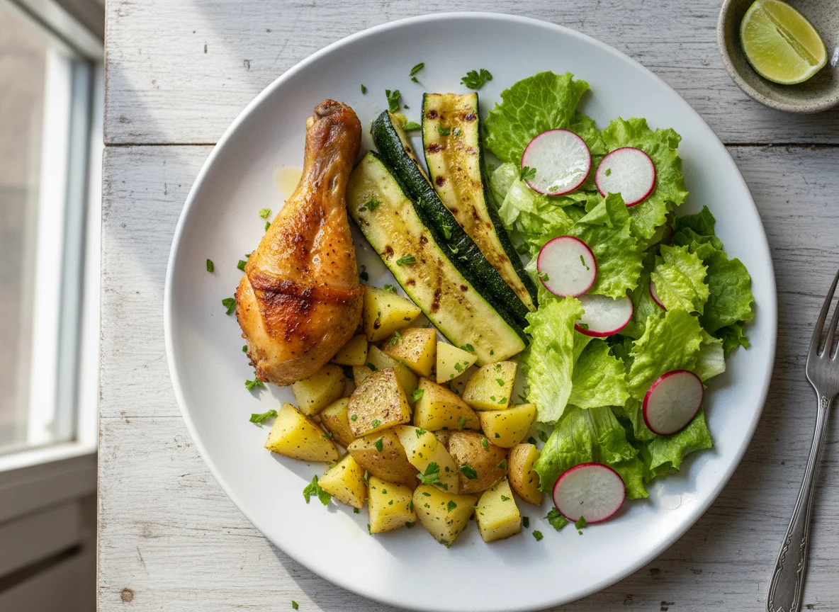 Prato misto com frango assado e salada photo