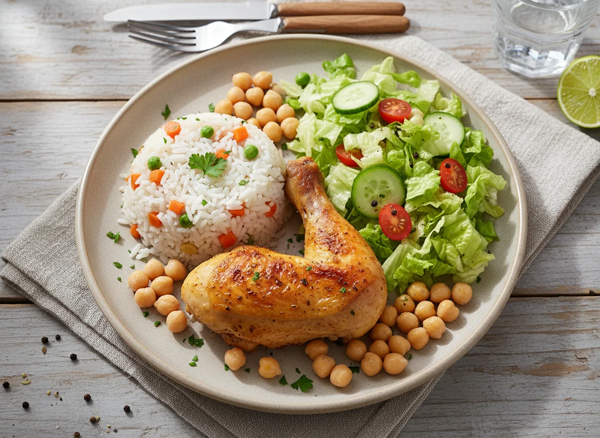 Prato misto com frango assado, salada e arroz photo