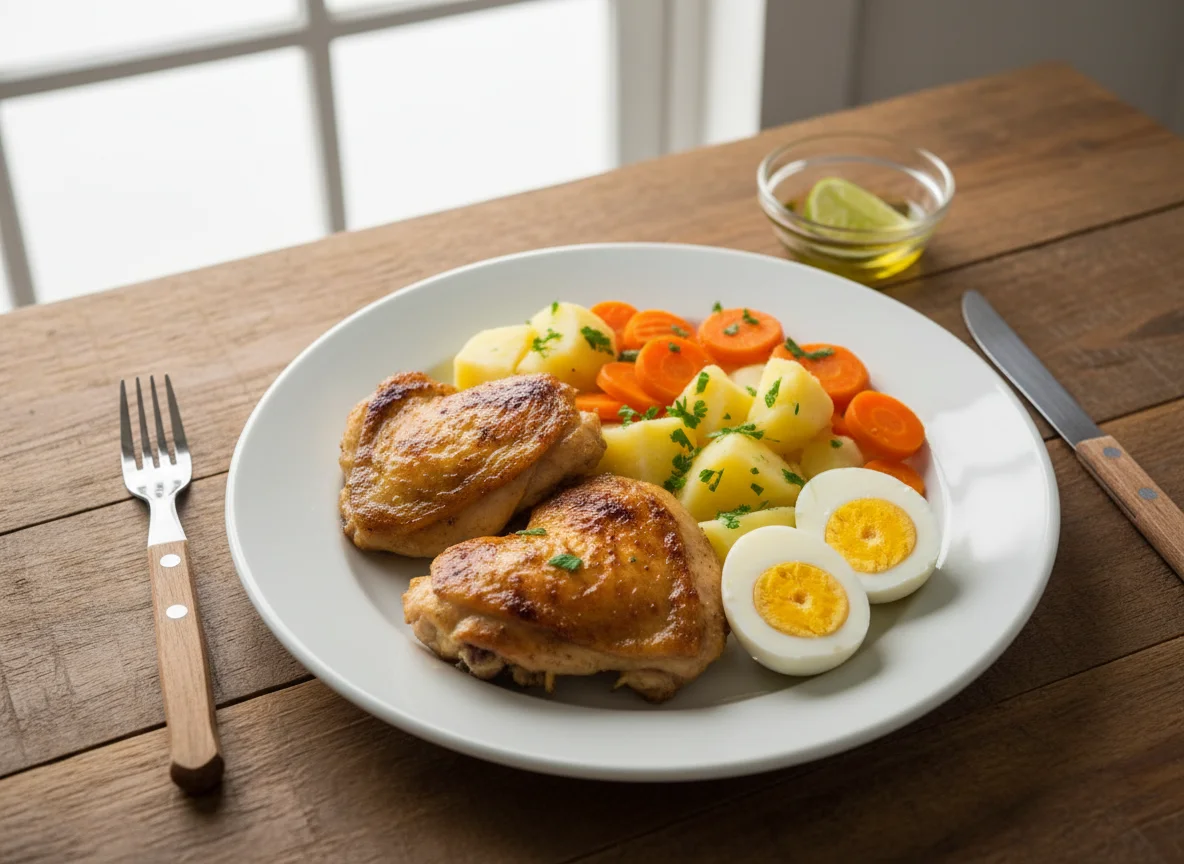 Prato misto com frango, batata, cenoura e ovo photo
