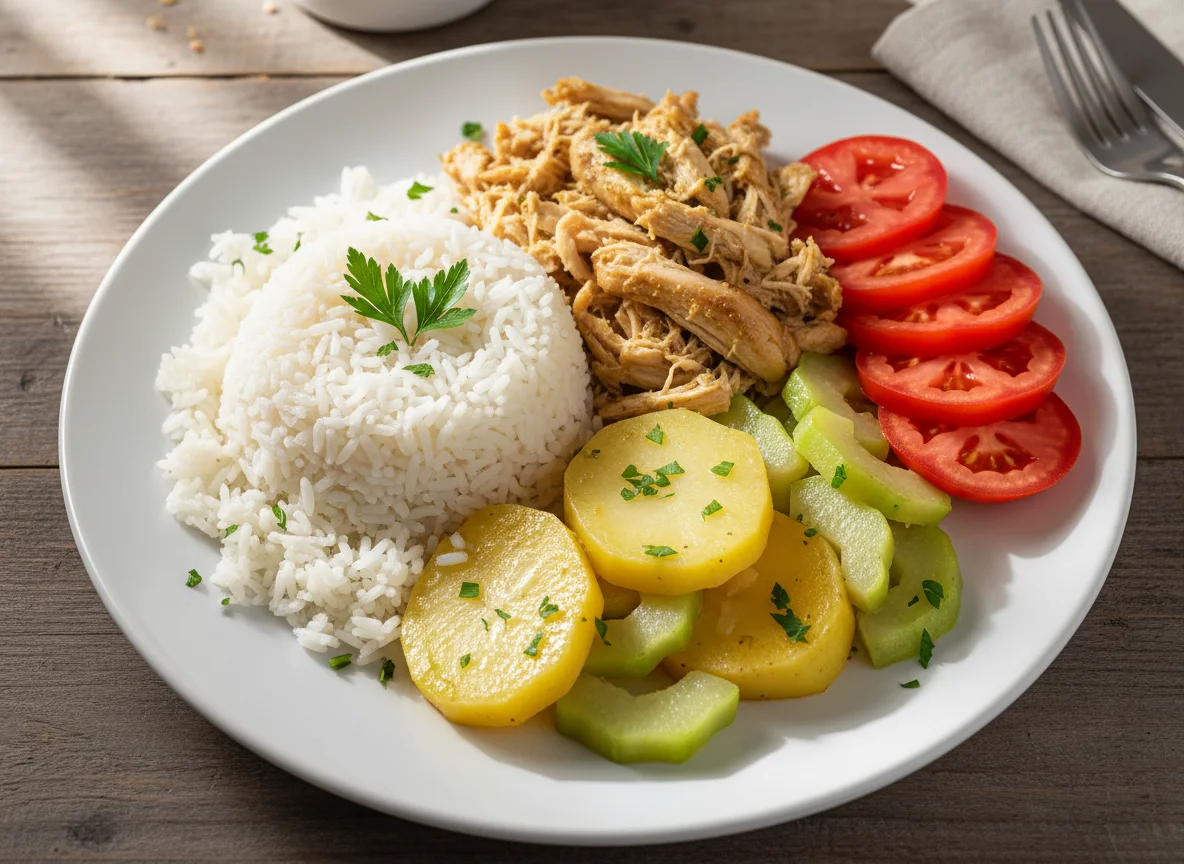 Prato misto com frango, batata, chuchu, tomate e arroz photo