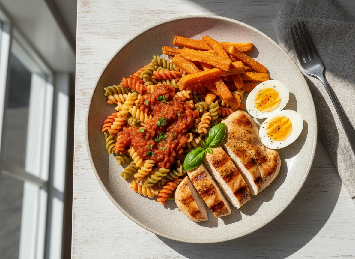 Prato misto com frango, batata doce, massa e ovos photo