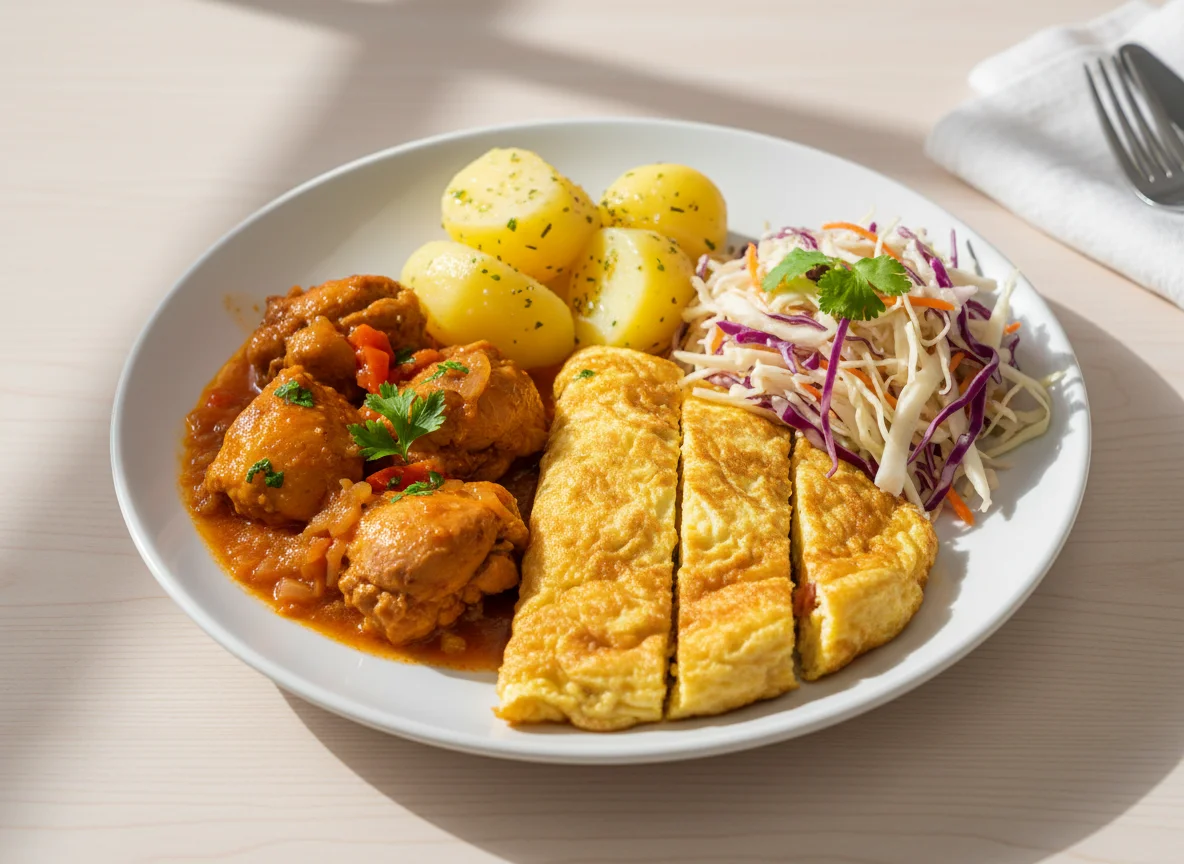 Prato misto com frango, batata, omelete e salada de repolho photo