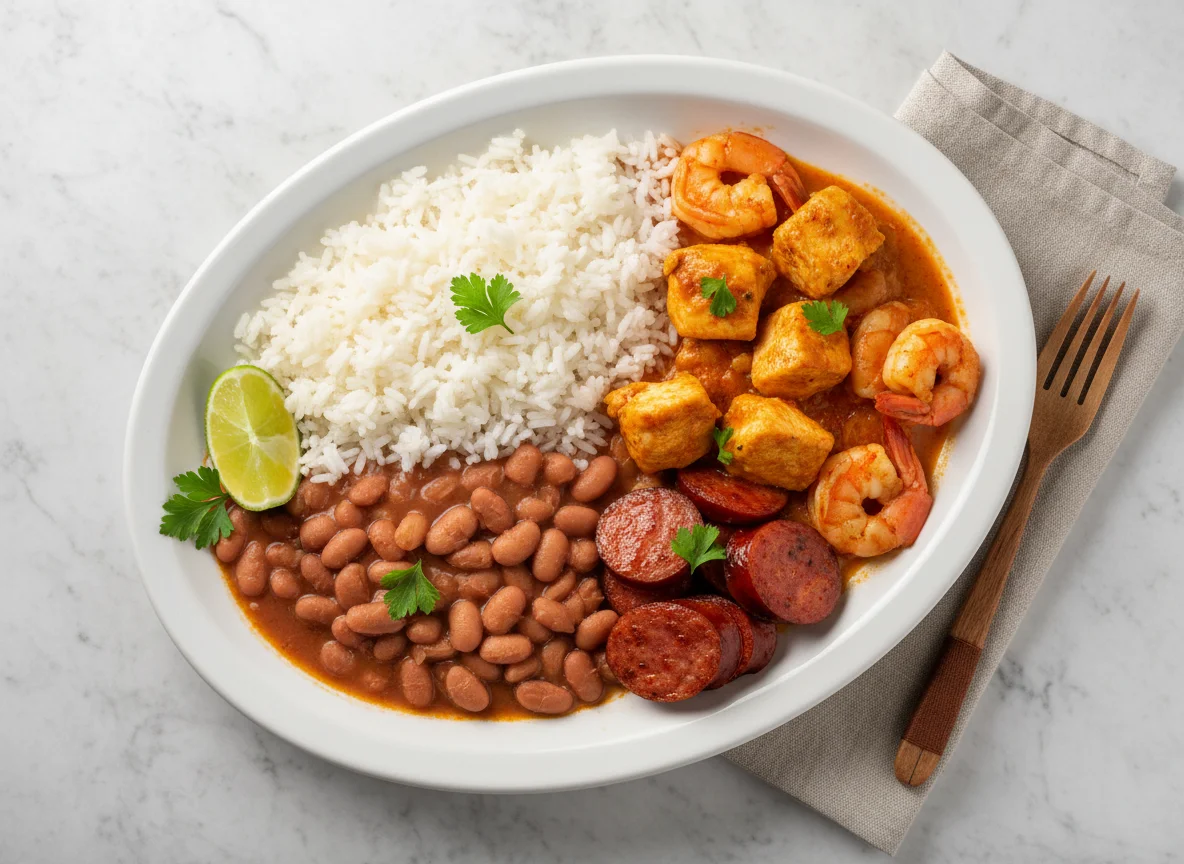 Prato misto com frango, camarão, feijão, arroz e linguiça photo