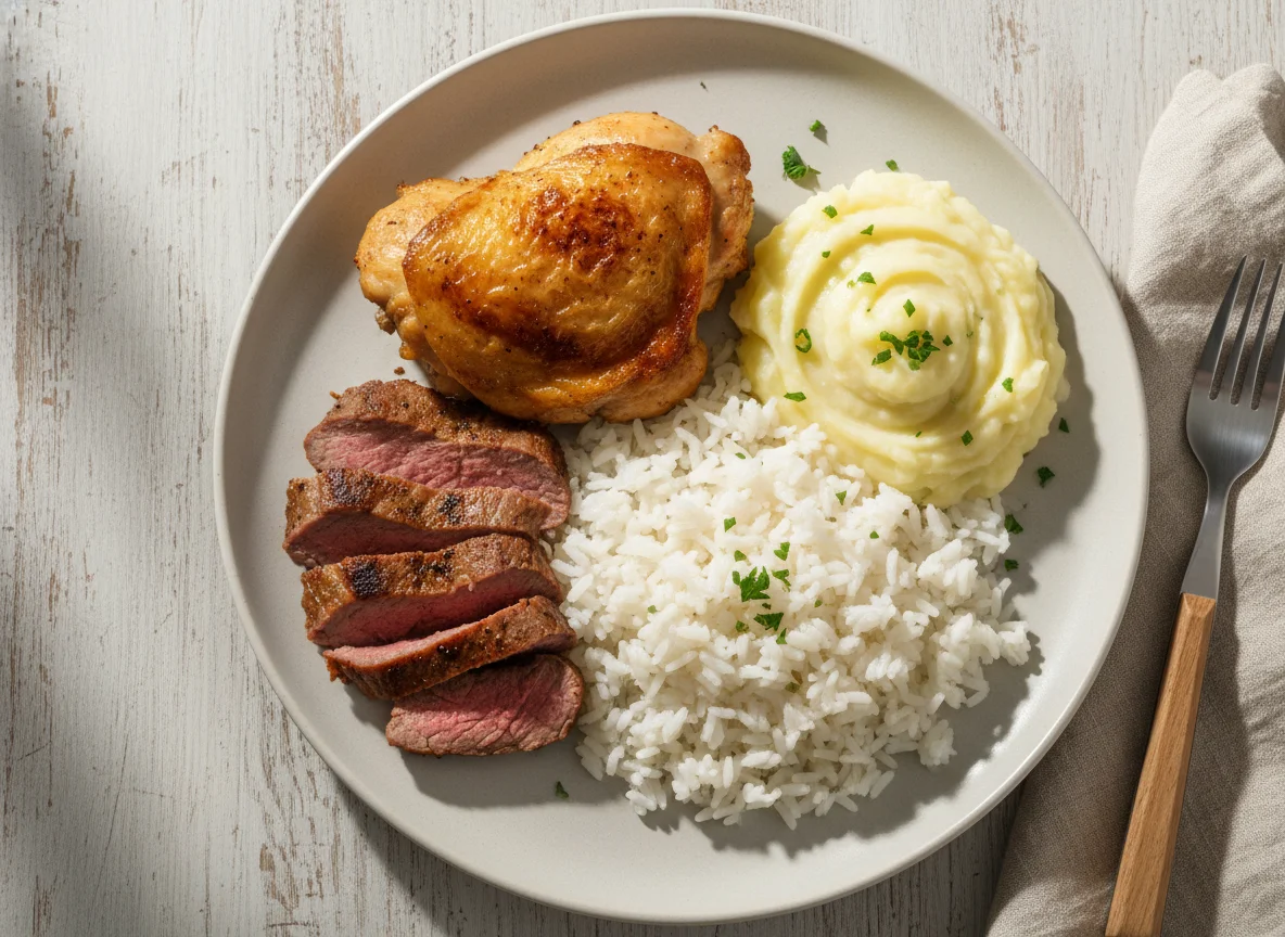 Prato misto com frango, carne, arroz e purê photo