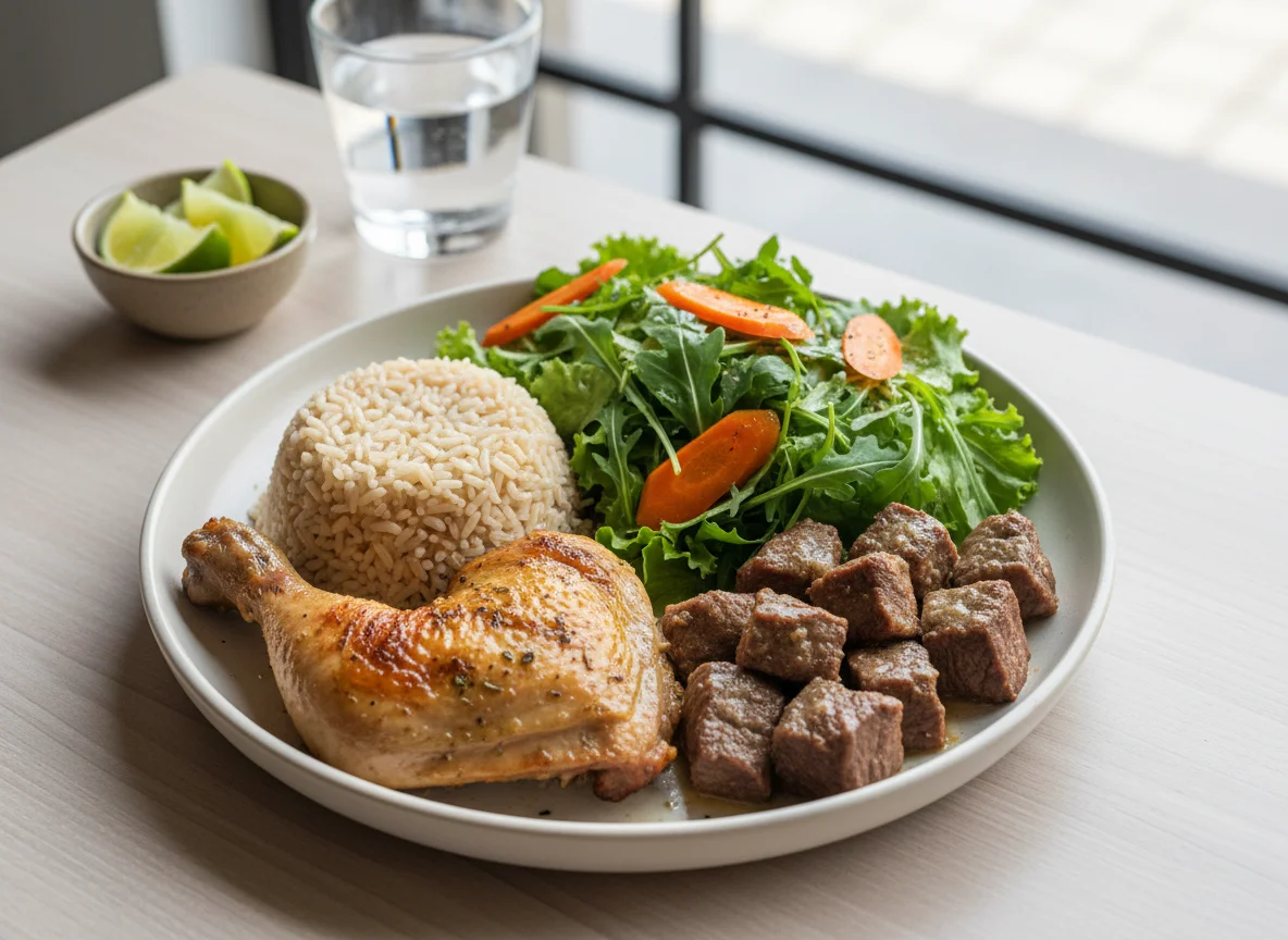 Prato misto com frango, carne, arroz e salada photo