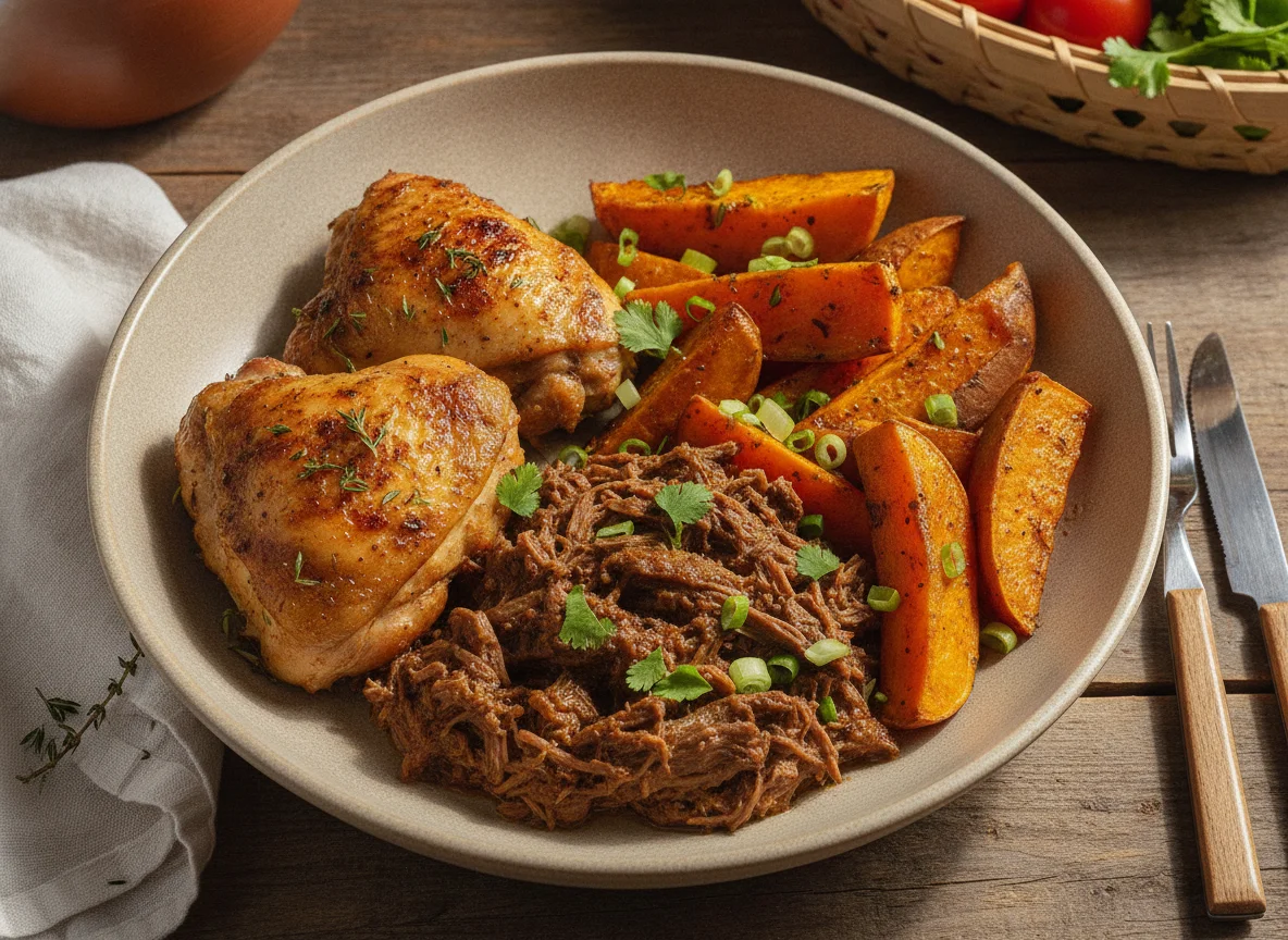 Prato misto com frango, carne e batata doce photo
