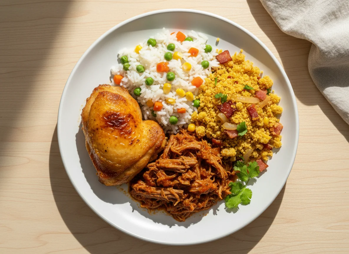 Prato misto com frango, carne e farofa photo