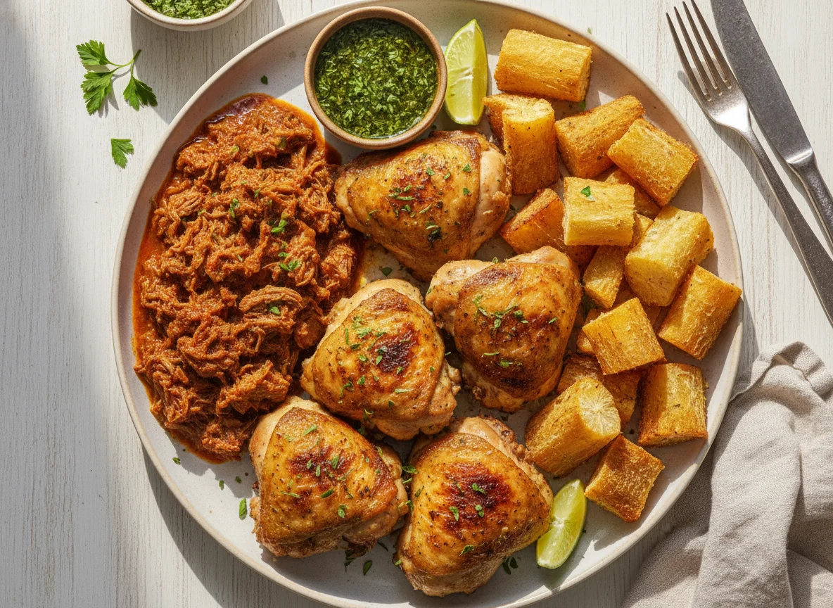 Prato misto com frango, carne e mandioca photo