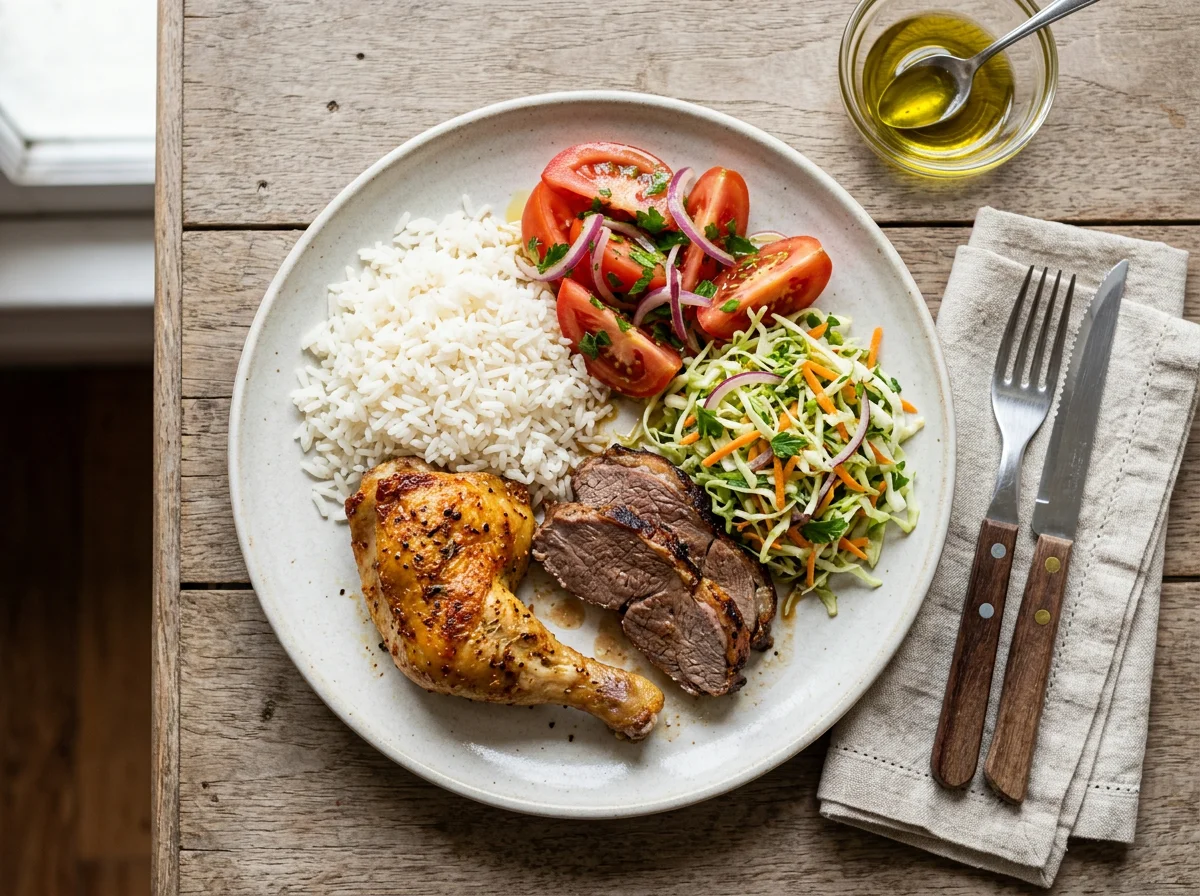 Prato misto com frango, carne e salada photo