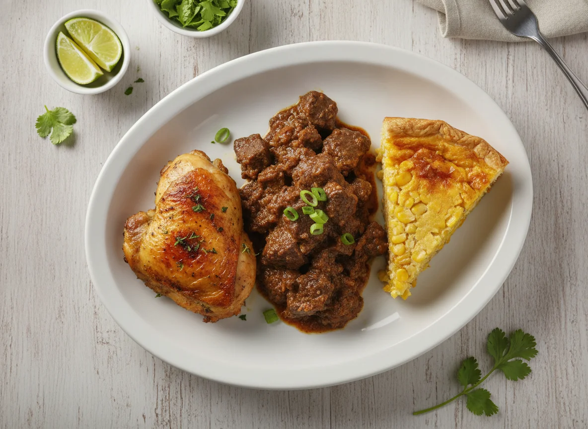 Prato misto com frango, carne e torta photo