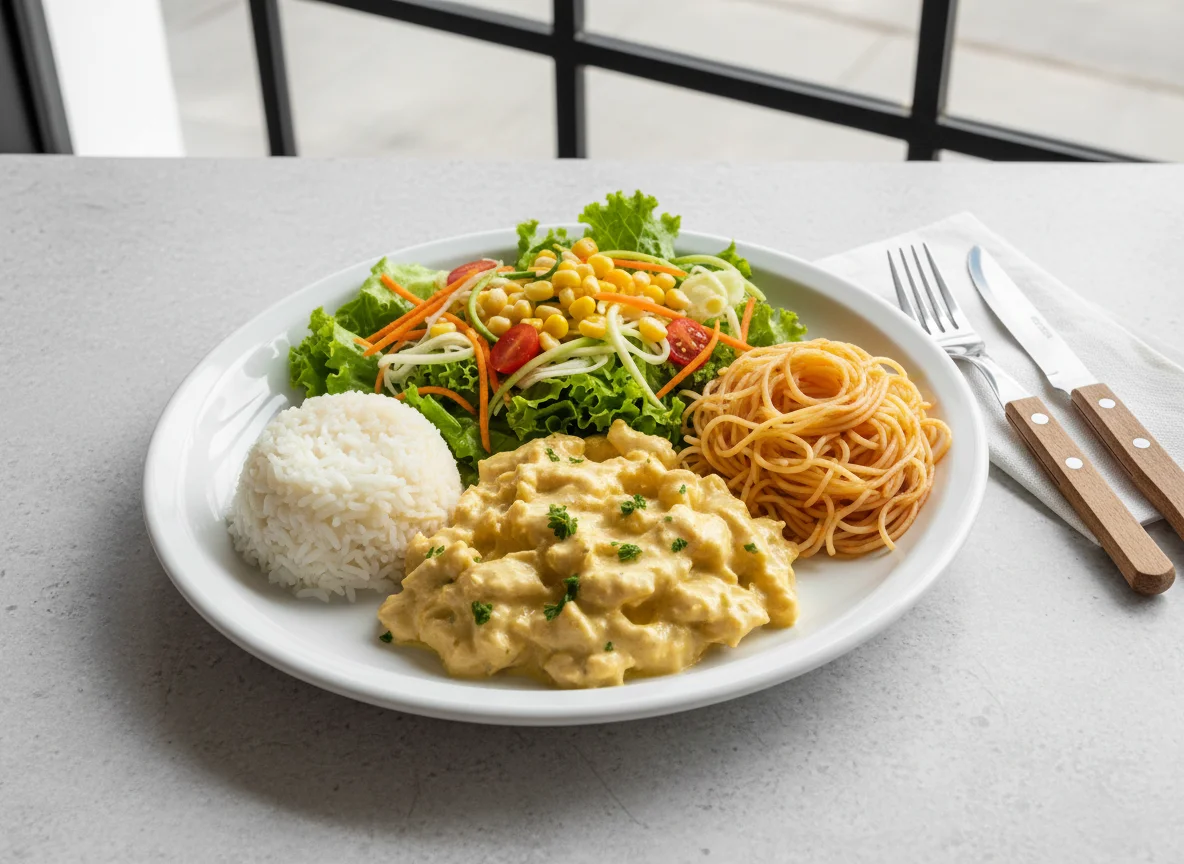 Prato misto com frango cremoso, arroz, macarrão e salada photo