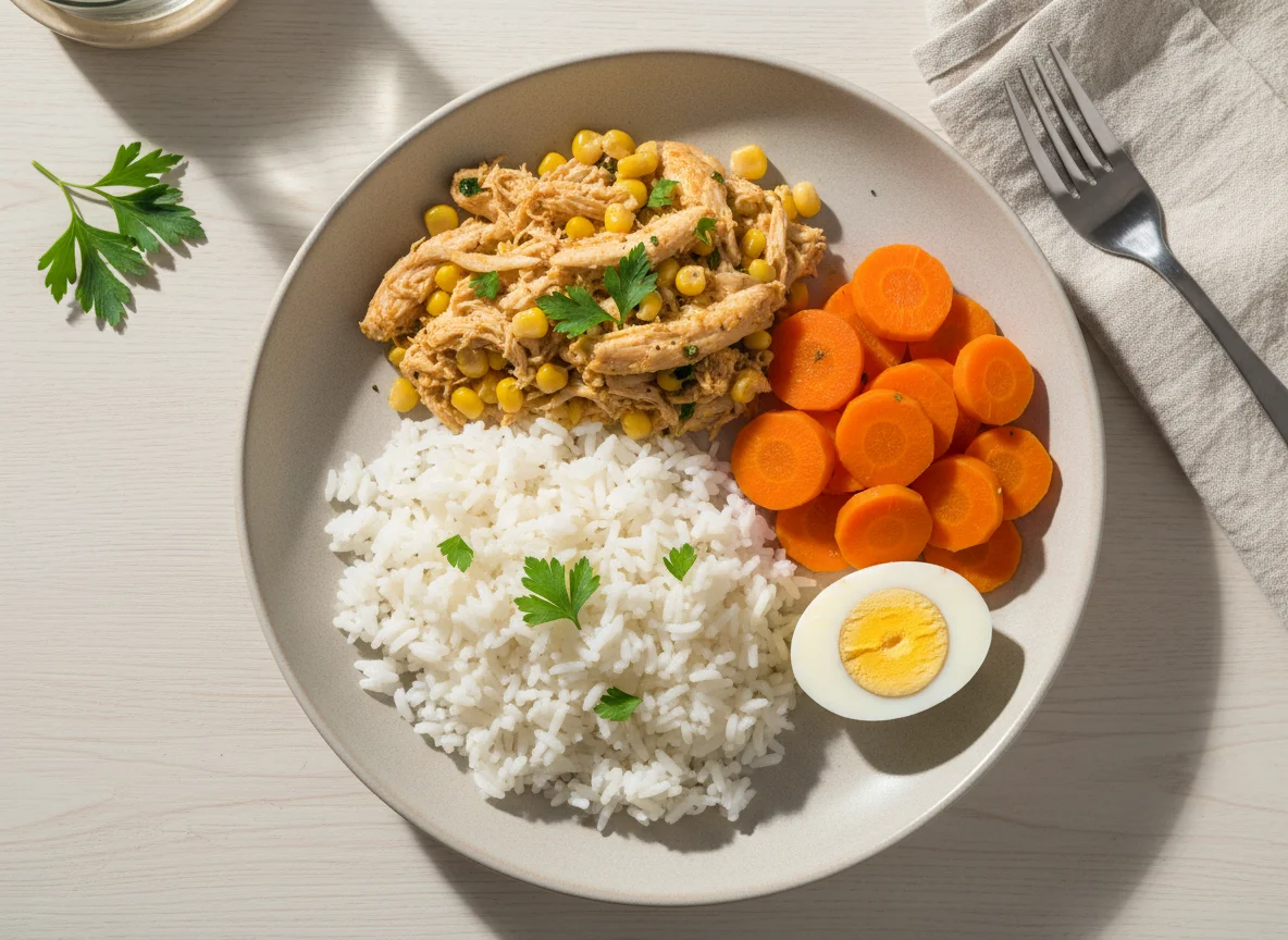Prato misto com frango desfiado, arroz, cenoura e ovo photo