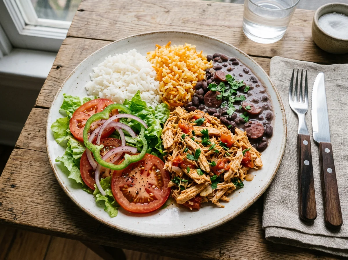 Prato misto com frango desfiado, arroz e salada photo