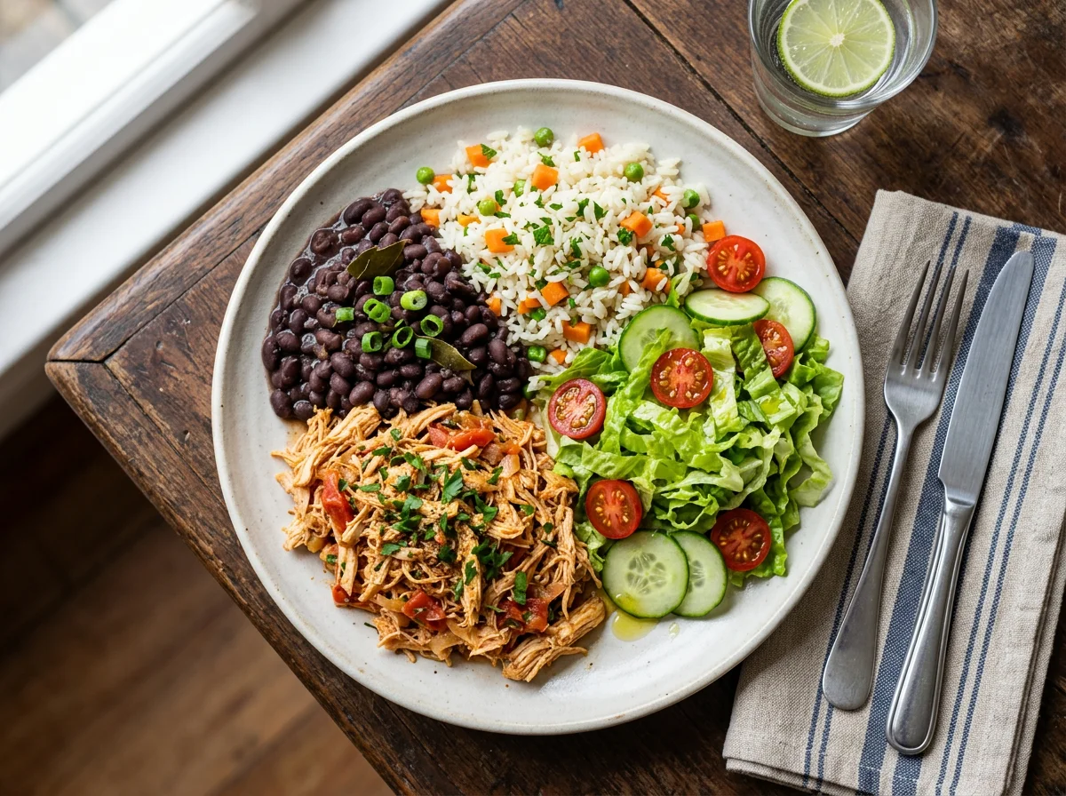 Prato misto com frango desfiado, arroz, feijão e salada photo