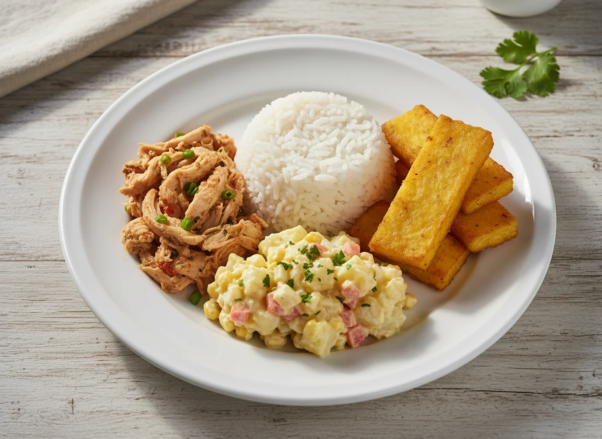 Prato misto com frango desfiado, arroz, polenta frita e salada de maionese photo