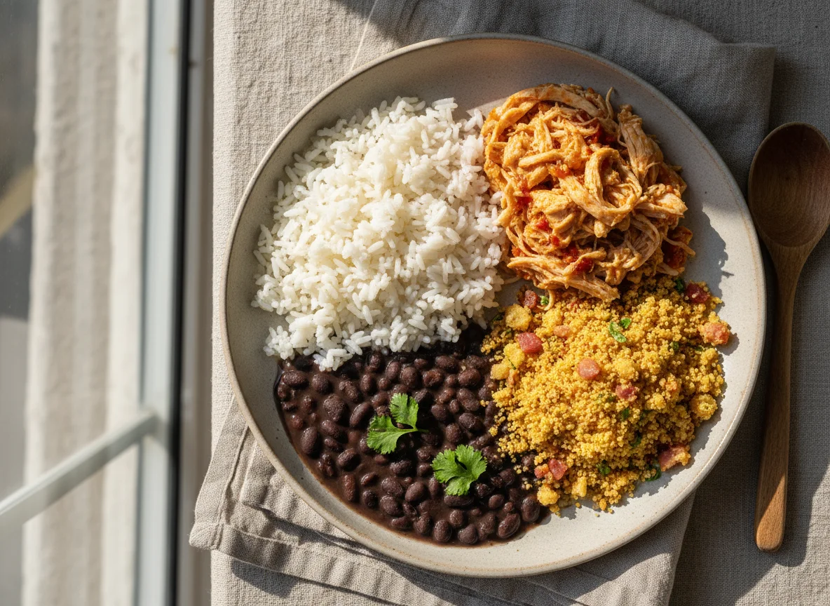 Prato misto com frango desfiado e arroz photo