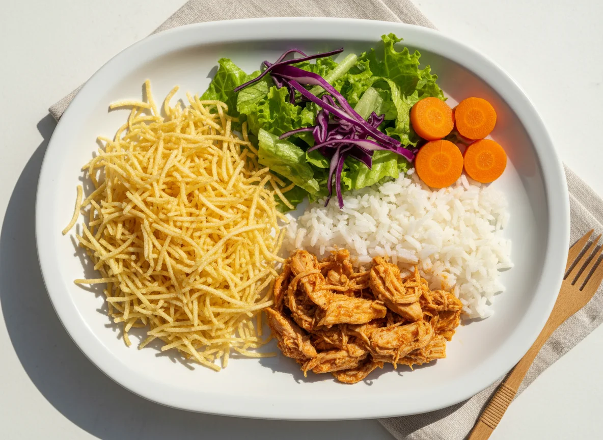 Prato misto com frango desfiado e batata palha photo