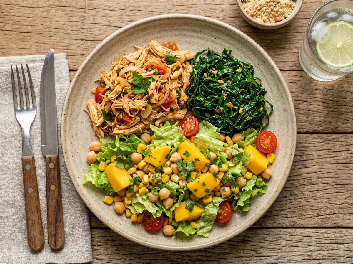 Prato misto com frango desfiado e salada photo