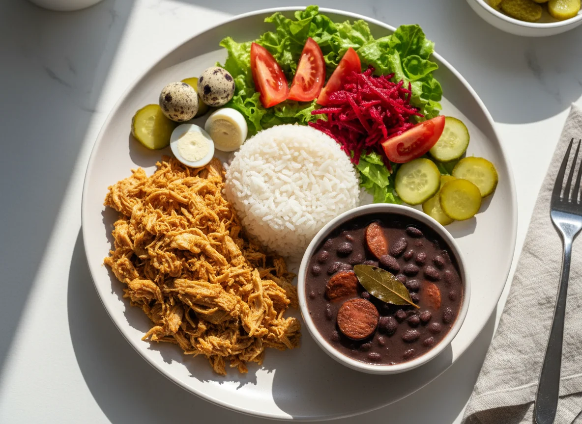 Prato misto com frango desfiado, feijão e salada photo