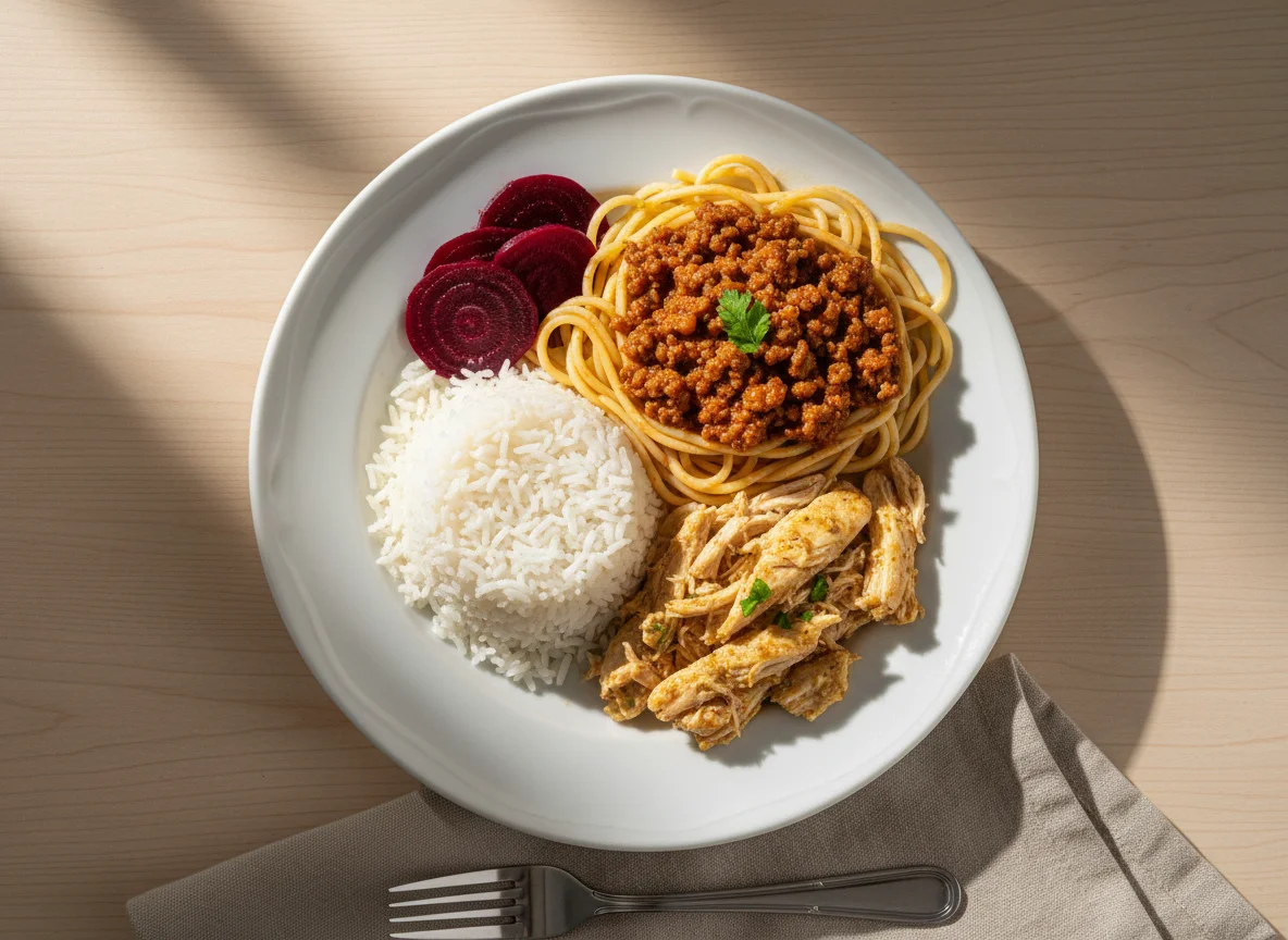 Prato misto com frango desfiado, macarrão e arroz photo