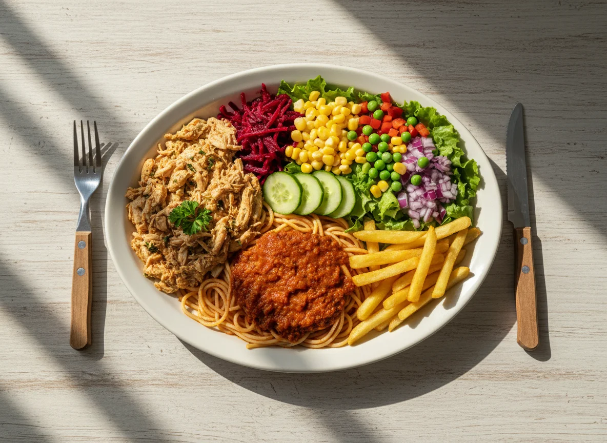 Prato misto com frango desfiado, massa e salada photo