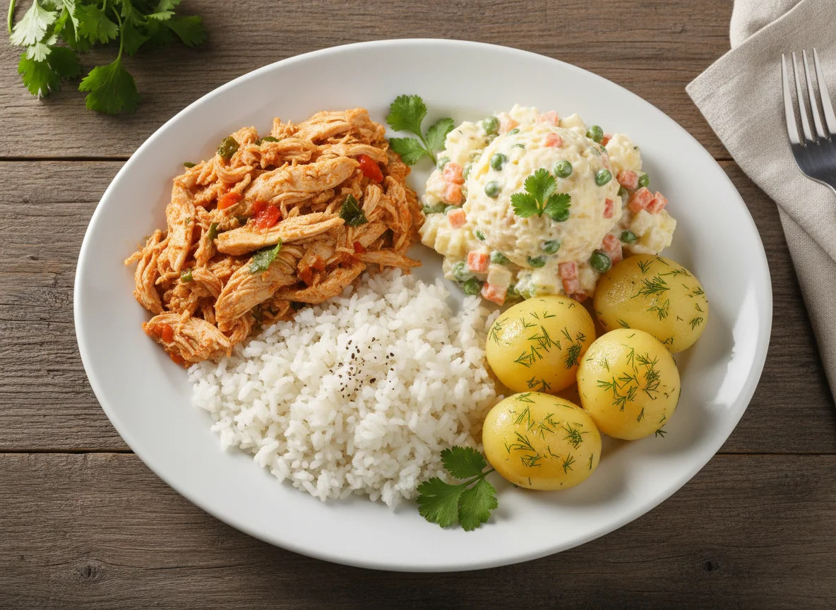 Prato misto com frango desfiado, salada de maionese, batatas e arroz photo