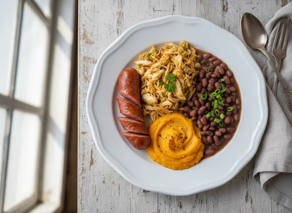 Prato misto com frango desfiado, salsicha, feijão e purê de abóbora photo