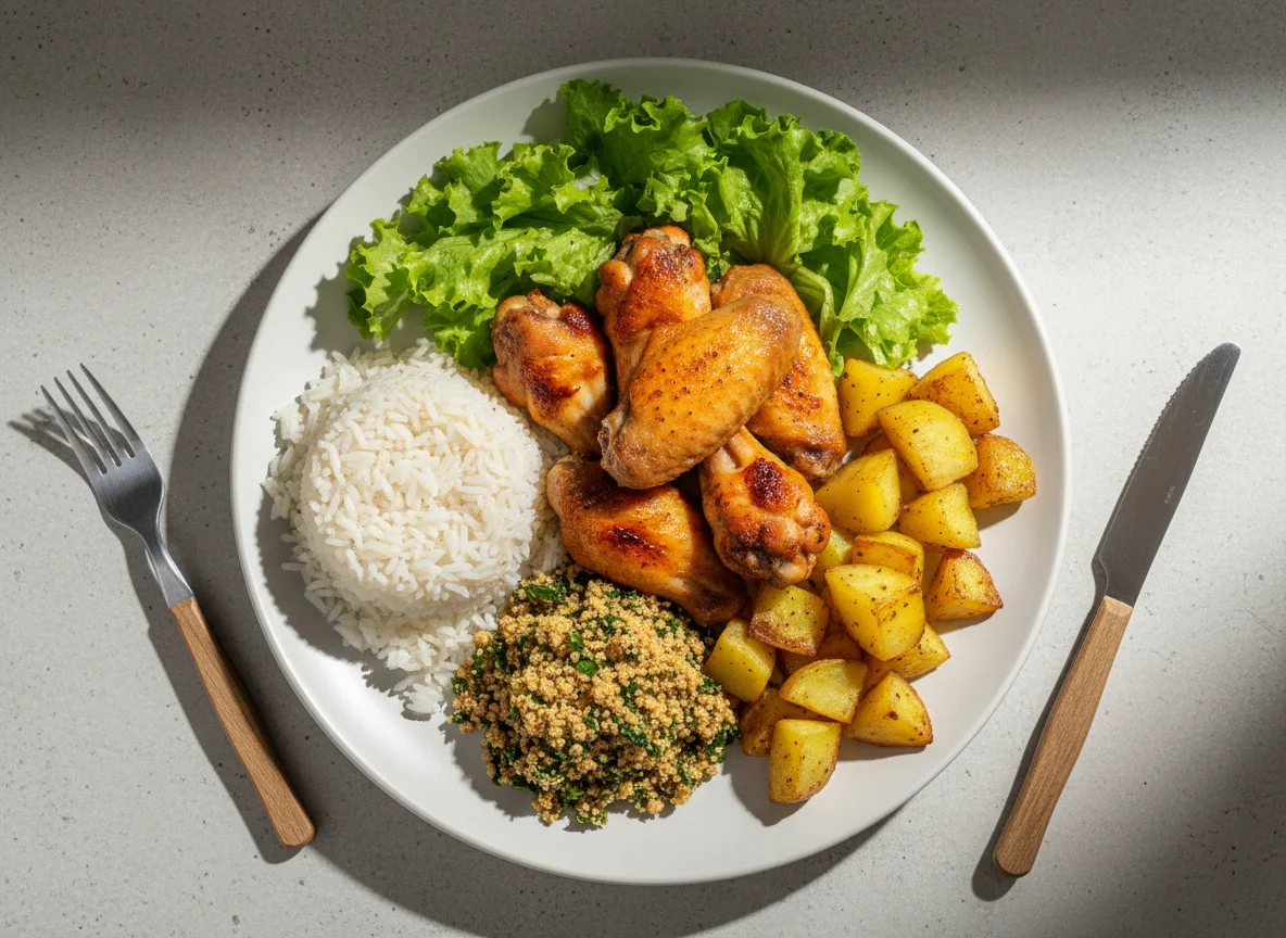 Prato misto com frango e acompanhamentos photo