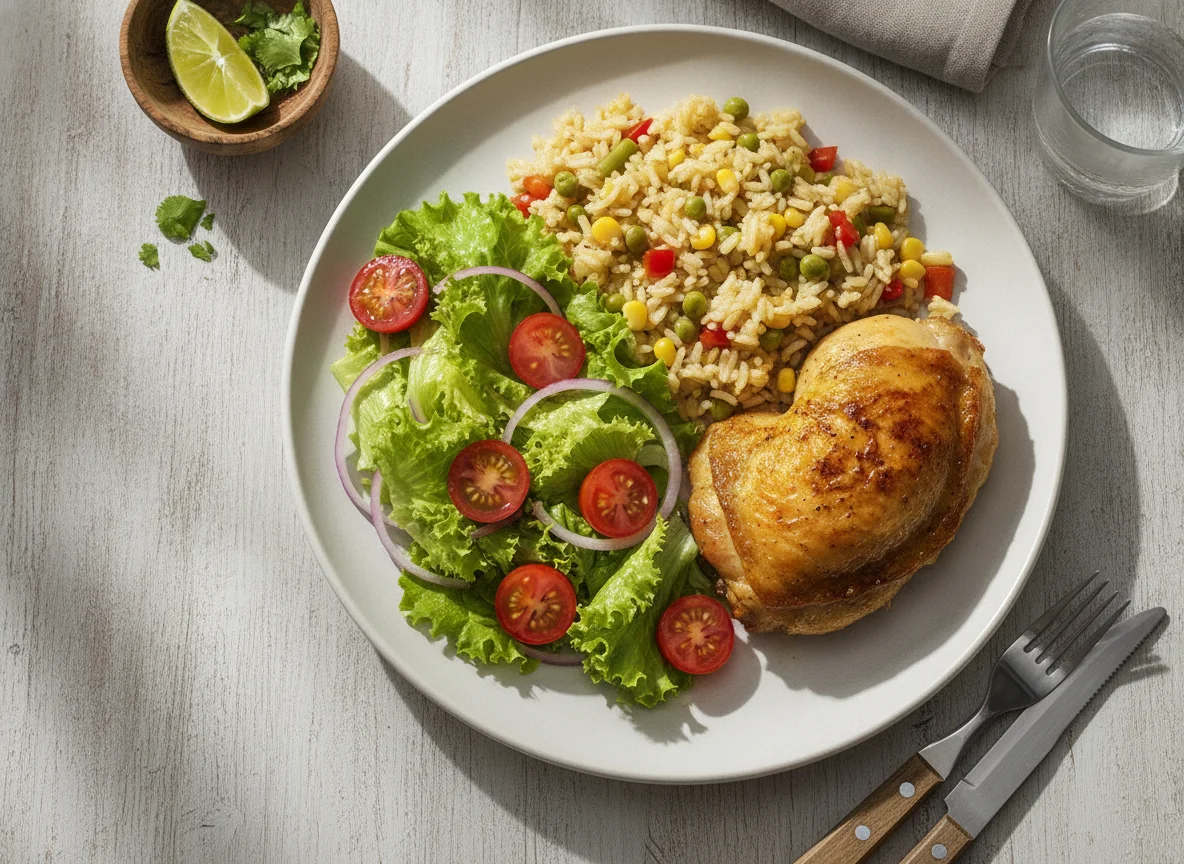 Prato misto com frango e arroz photo