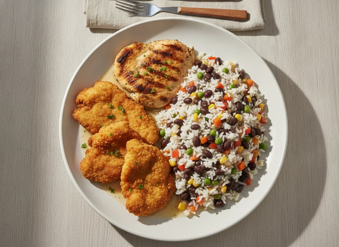 Prato misto com frango e arroz com feijão photo