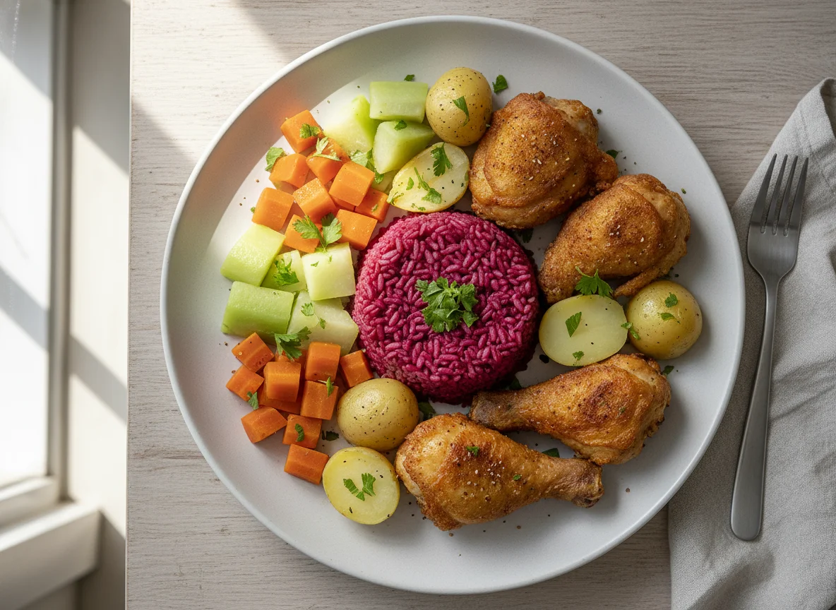 Prato misto com frango e arroz de beterraba photo