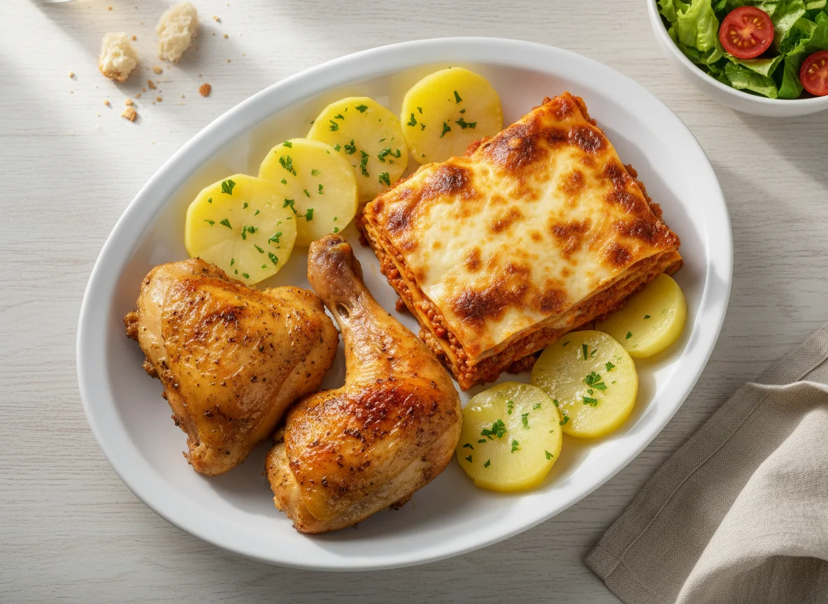 Prato misto com frango e lasanha photo