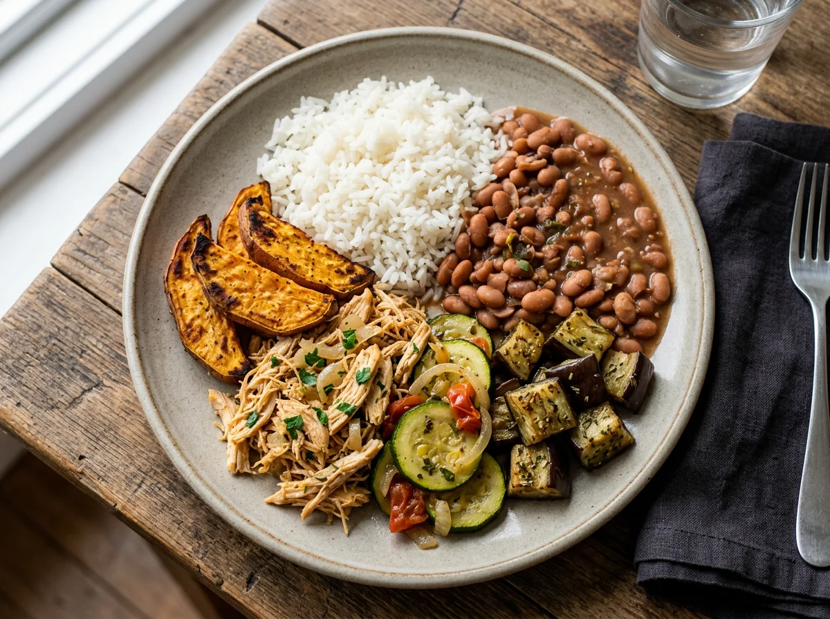 Prato misto com frango e legumes photo