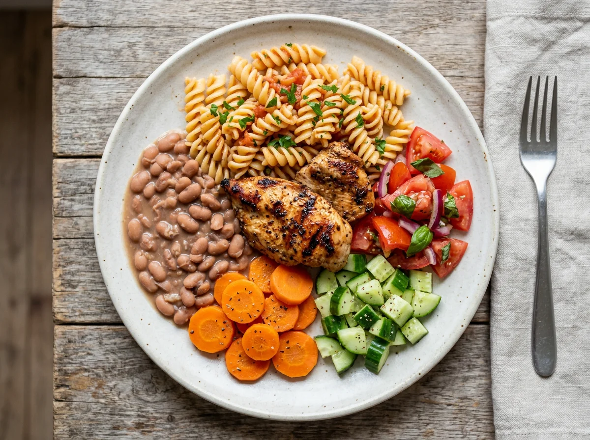 Prato misto com frango e massa photo