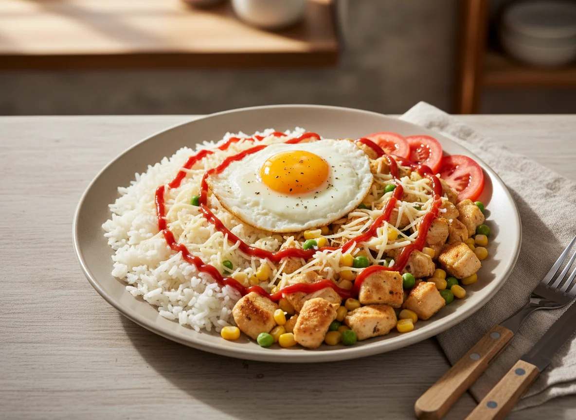 Prato misto com frango e ovo photo