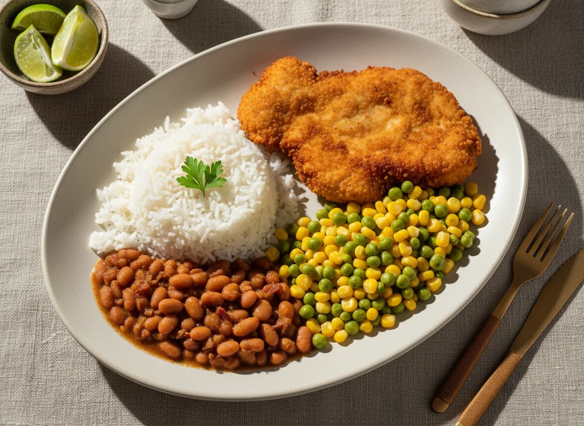 Prato misto com frango empanado, arroz, feijão e vegetais photo