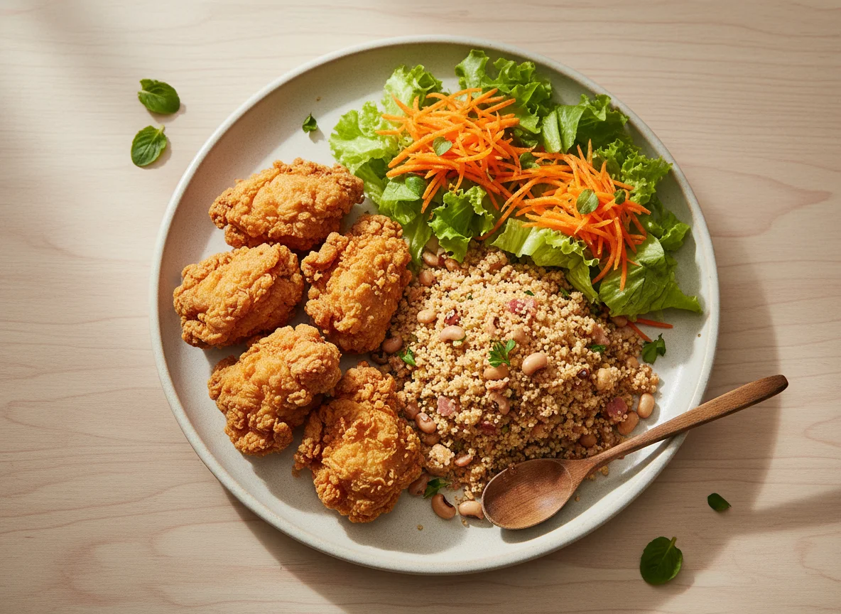 Prato misto com frango, farofa e salada photo