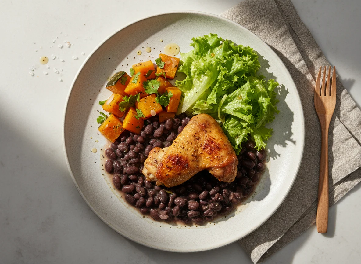 Prato misto com frango, feijão, abóbora e salada photo