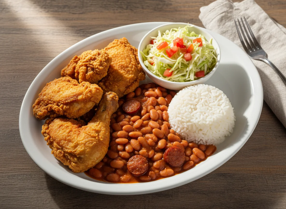 Prato misto com frango, feijão, arroz e salada photo