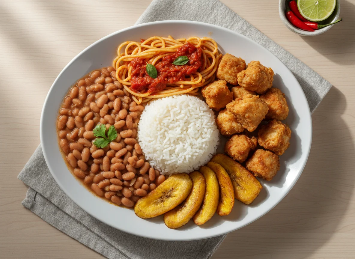 Prato misto com frango, feijão, arroz, macarrão e banana frita photo