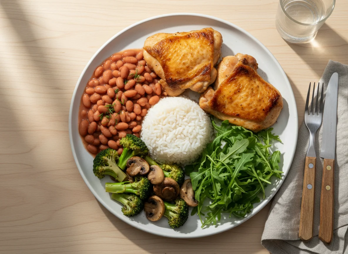 Prato misto com frango, feijão e salada photo